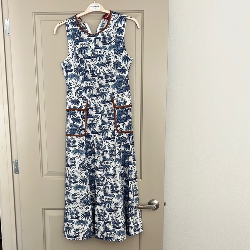 STAUD Blue and White Midi Dress